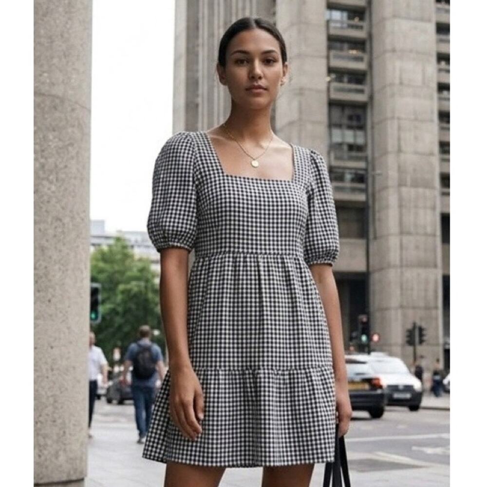 A New Day Black White Gingham Linen Blend Puff Sleeve Tiered Dress 10 NWT